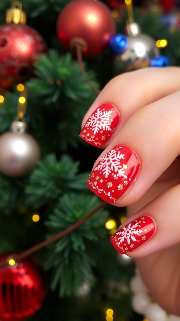 Red Christmas nail art with snowflakes and gold glitter on a festive background.